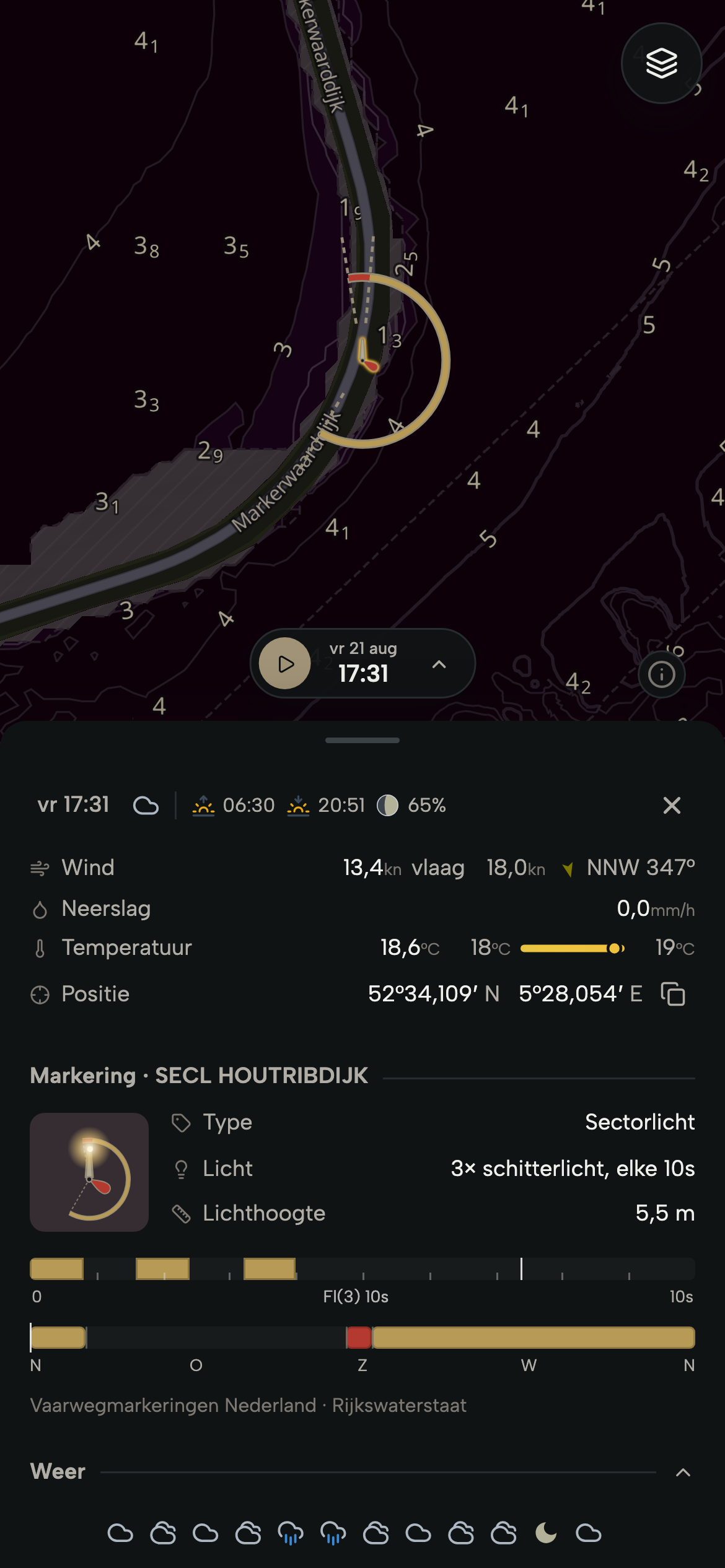 Telefoon met het sectorlicht op de Houtribdijk geselecteerd: het karakter, de sectoren en het ritme in het informatiepaneel.