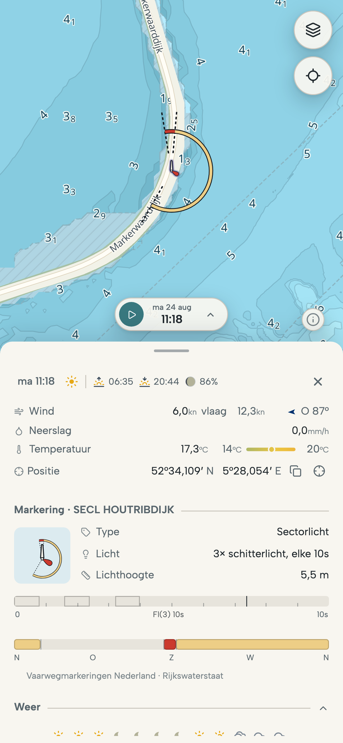 Telefoon met het sectorlicht op de Houtribdijk geselecteerd: het karakter, de sectoren en het ritme in het informatiepaneel.